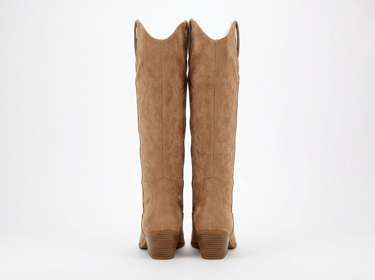 Santiag haute camel Simili Cuir Femme - Broderies florales, bout amande