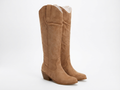 Santiag haute camel Simili Cuir Femme - Broderies florales, bout amande