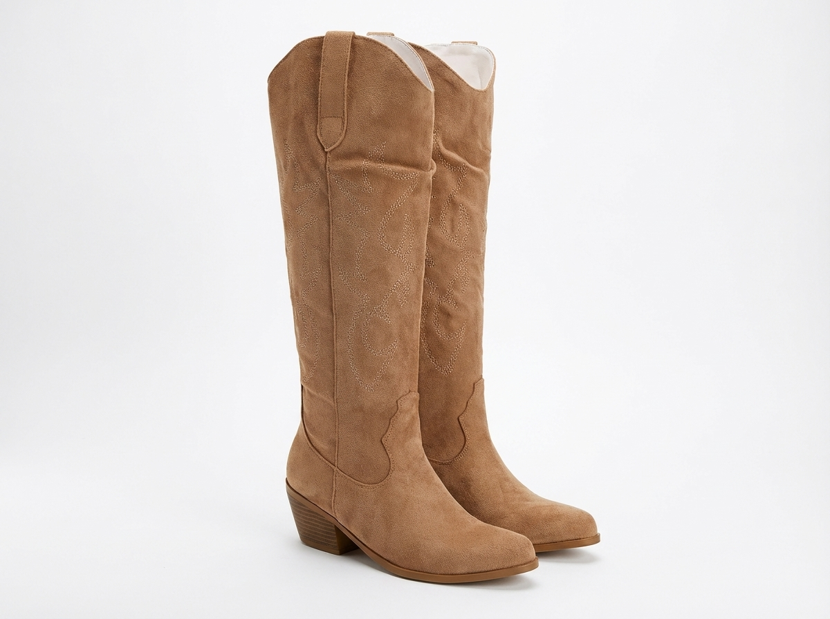 Santiag haute camel Simili Cuir Femme - Broderies florales, bout amande