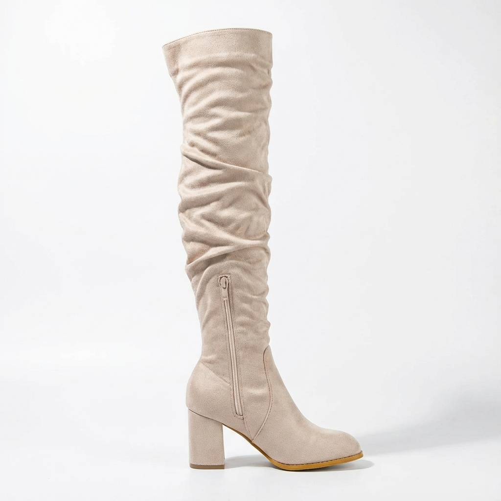 Santiag haute beige Daim Synthétique Femme - Style motard, zip