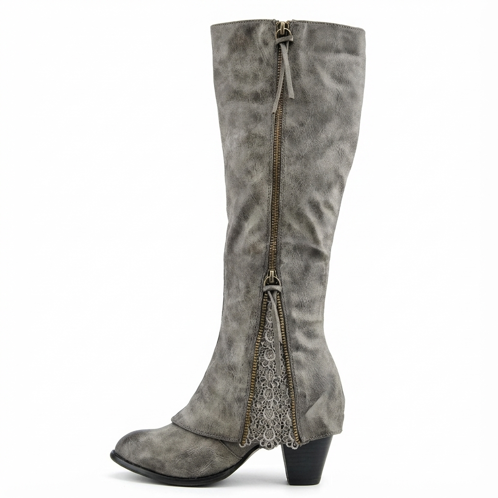 Santiag mi-haute gris Daim Synthétique Femme - Zip arrière, talon carré