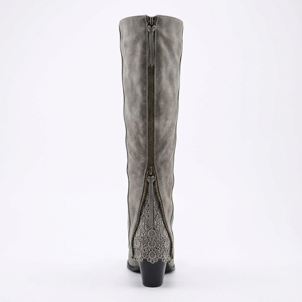 Santiag mi-haute gris Daim Synthétique Femme - Zip arrière, talon carré