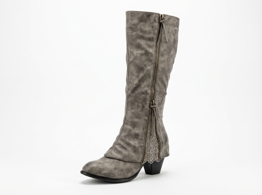Santiag mi-haute gris Daim Synthétique Femme - Zip arrière, talon carré