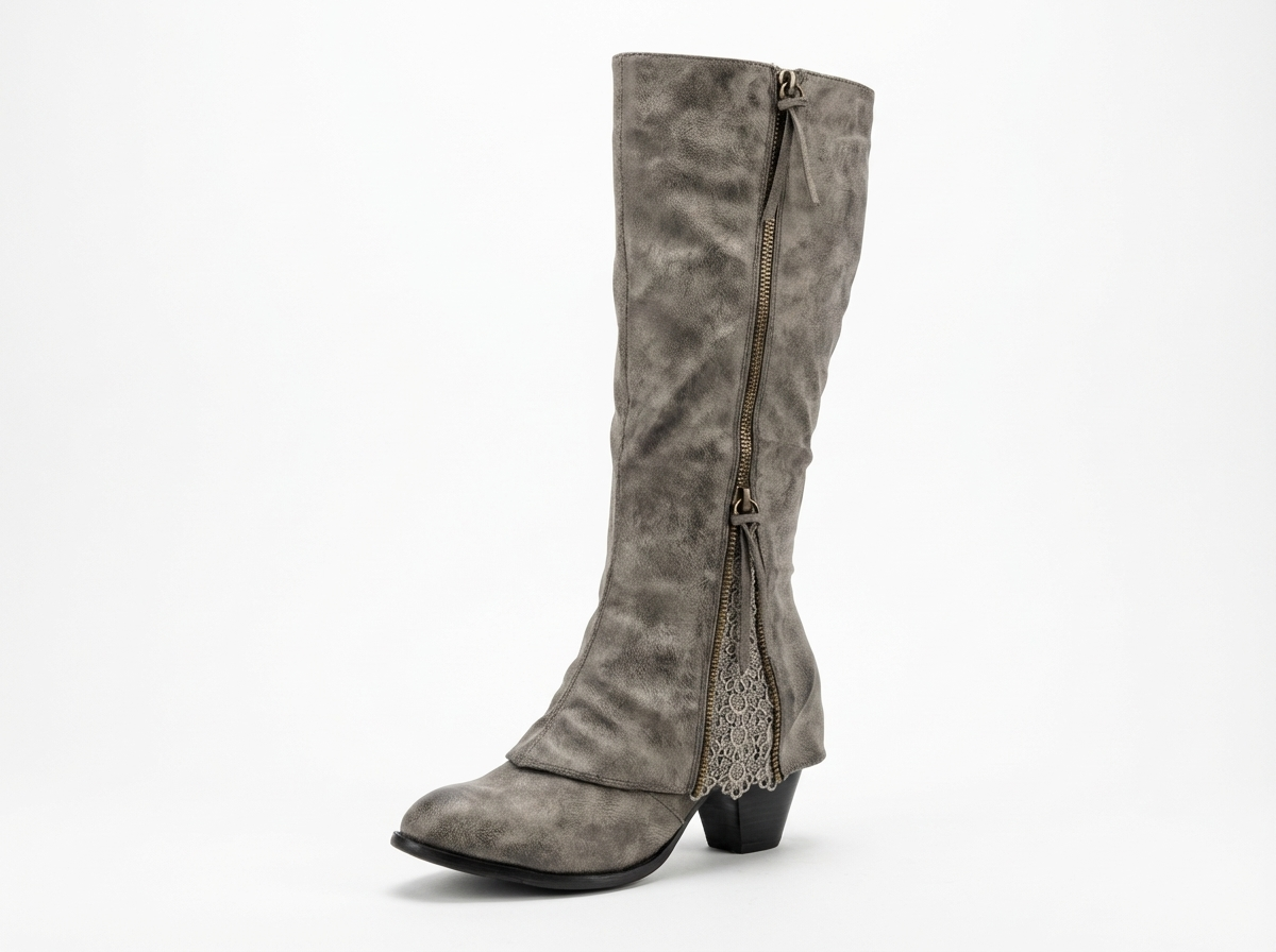 Santiag mi-haute gris Daim Synthétique Femme - Zip arrière, talon carré