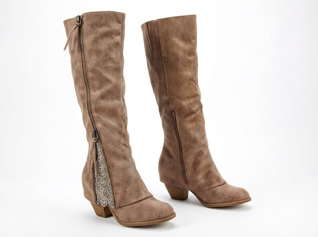 Santiag haute marron clair Daim Synthétique Femme - Broderies florales, talon carré
