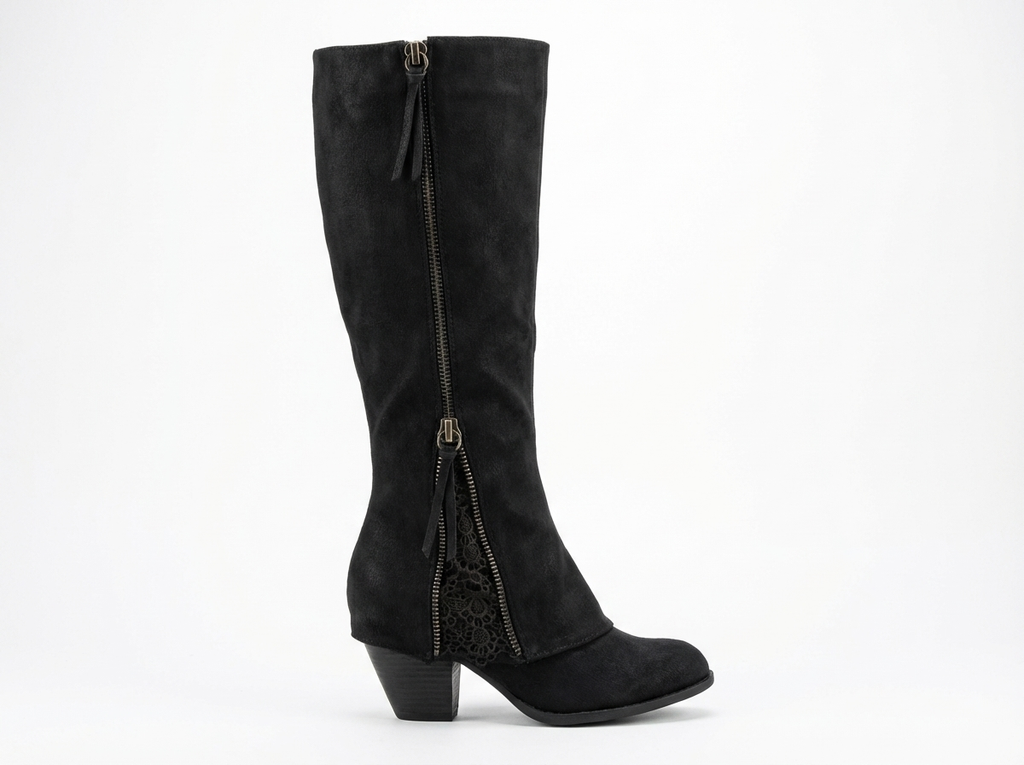 Santiag haute noir Daim Synthétique Femme - Talon carré, zip