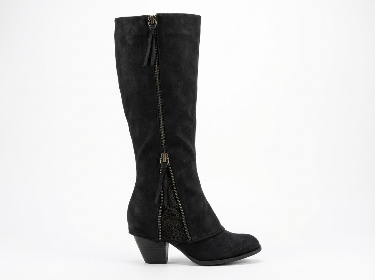Santiag haute noir Daim Synthétique Femme - Talon carré, zip