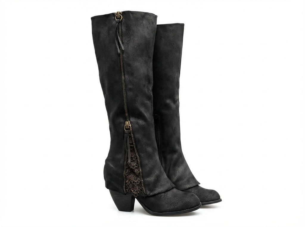 Santiag haute noir Daim Synthétique Femme - Talon carré, zip