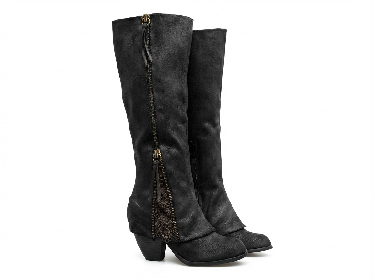 Santiag haute noir Daim Synthétique Femme - Talon carré, zip
