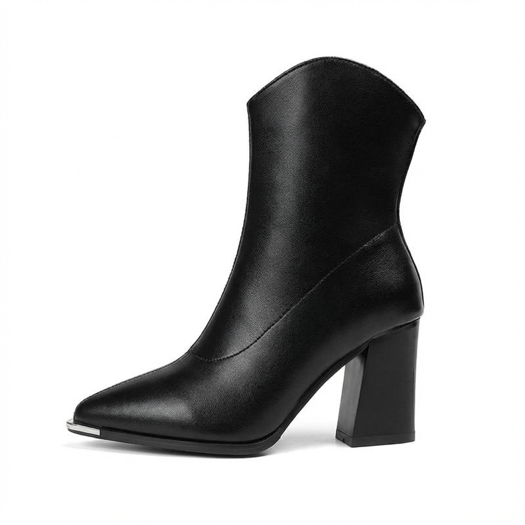 Bottine haute noir Cuir Femme - Bout pointu, ornement argenté
