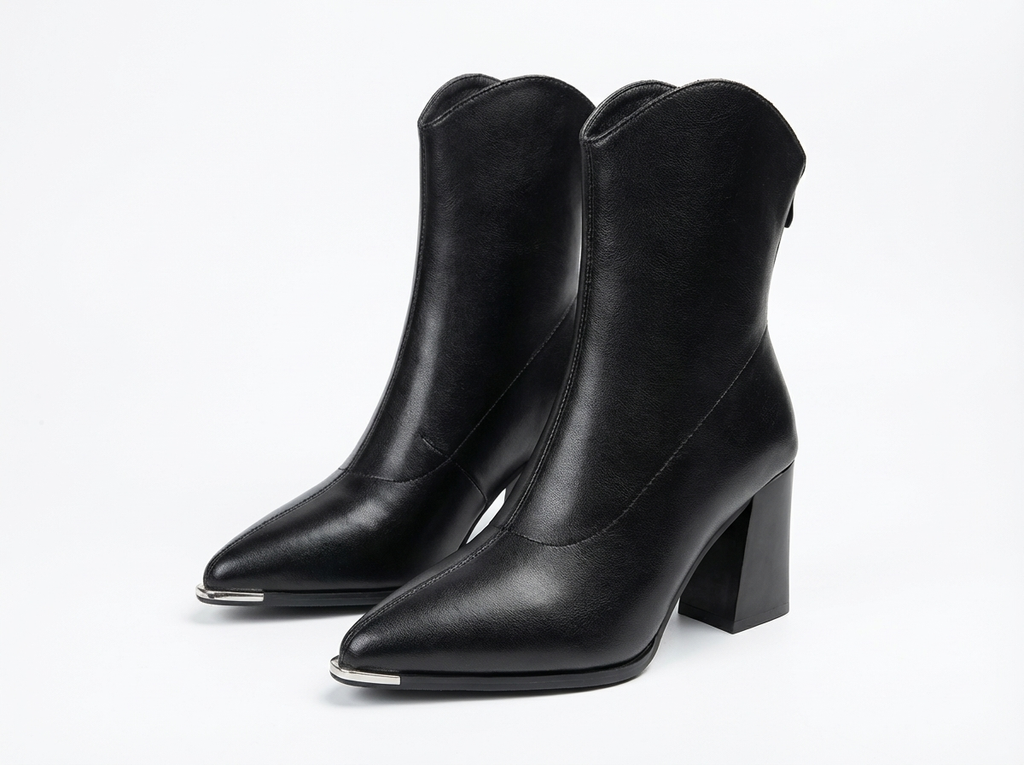 Bottine haute noir Cuir Femme - Bout pointu, ornement argenté