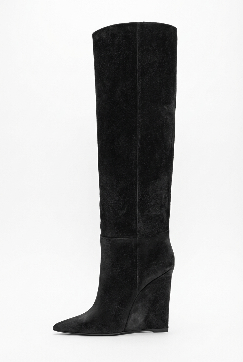 Botte haute noir Daim Synthétique Femme - Talon compensé