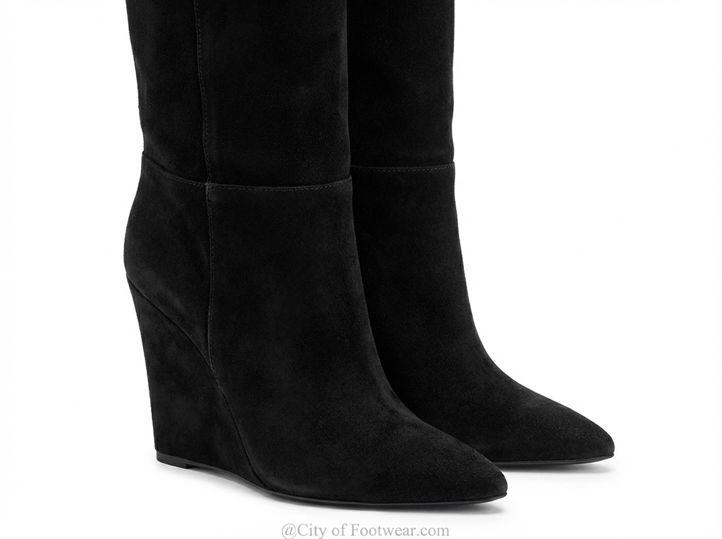 Botte haute noir Daim Synthétique Femme - Talon compensé