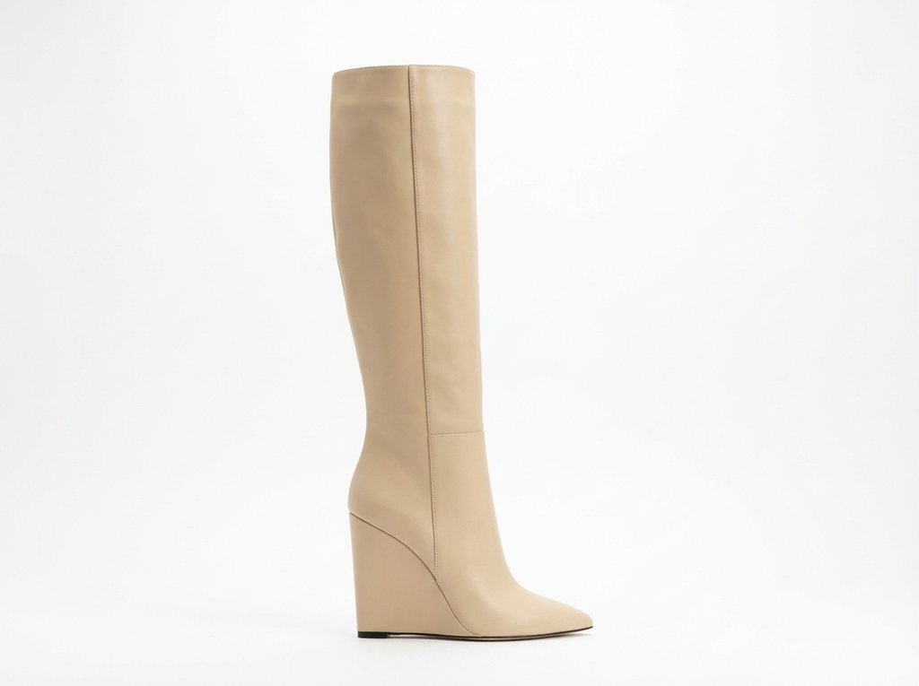 Botte haute beige Simili Cuir Femme - Talon compensé, bout pointu