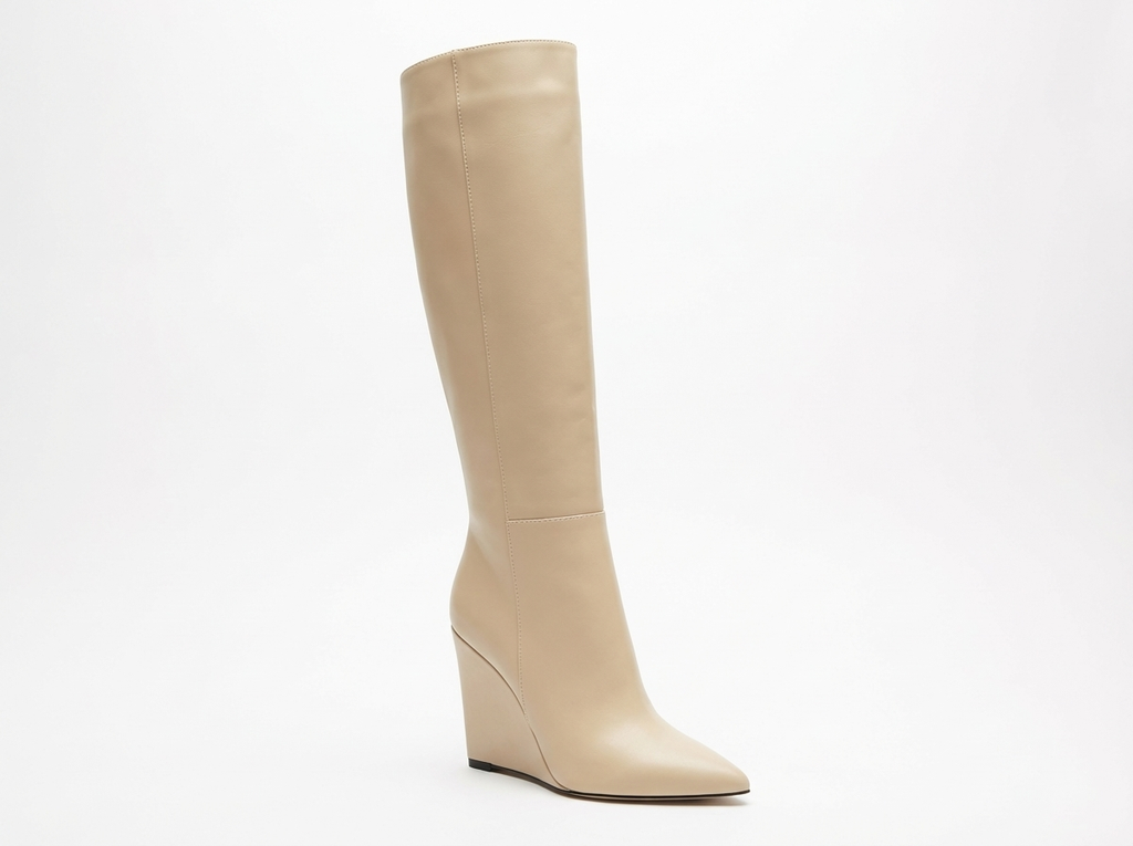 Botte haute beige Simili Cuir Femme - Talon compensé, bout pointu