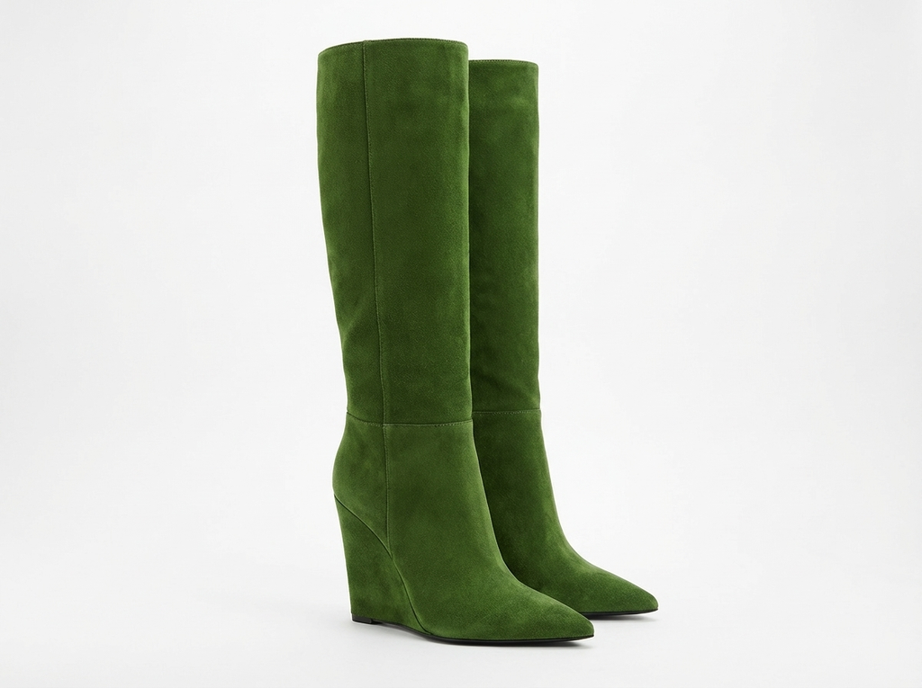 Botte haute vert Daim Synthétique Femme - Talon compensé