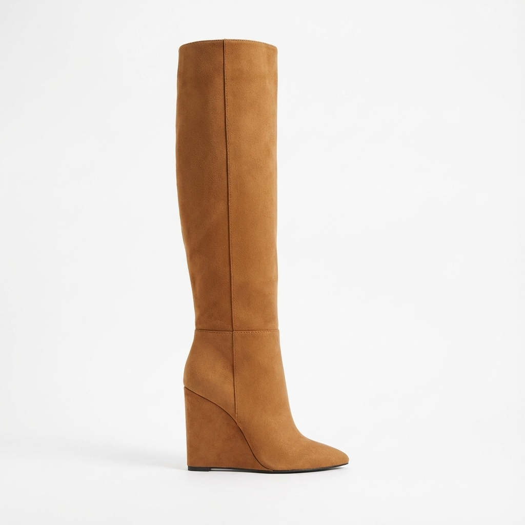 Botte haute camel Daim Synthétique Femme - Talon compensé, bout pointu
