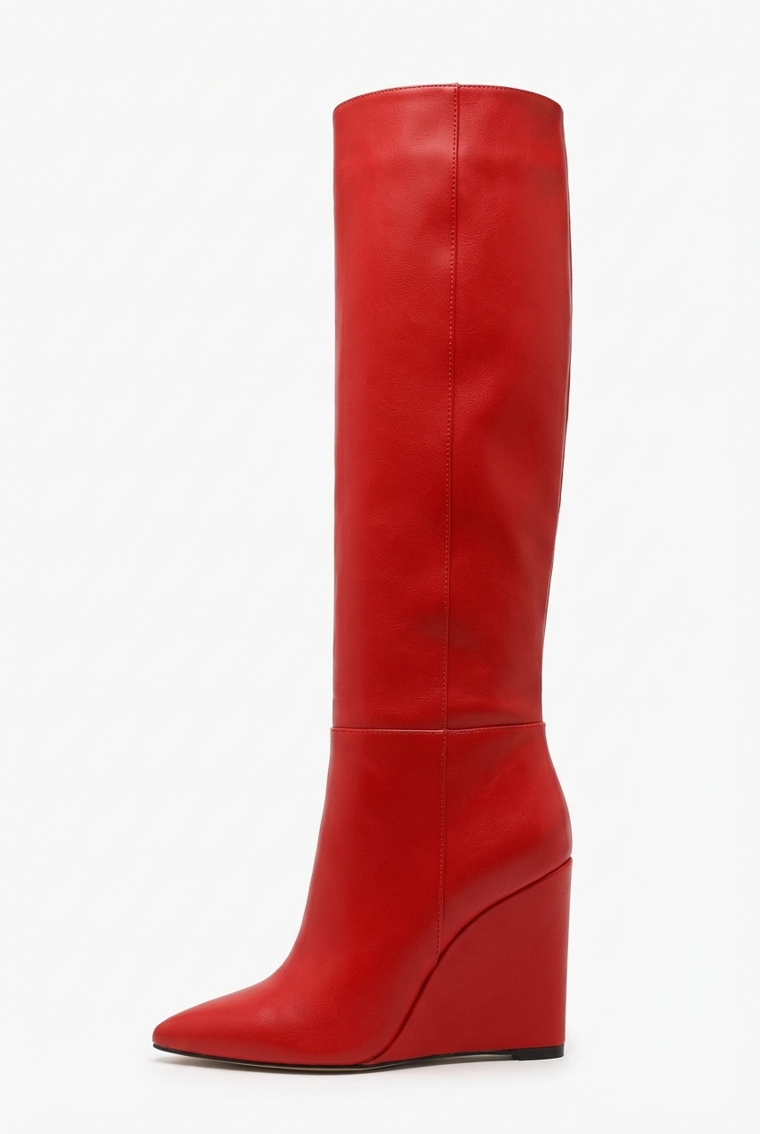 Botte haute rouge Simili Cuir Femme - Talon compensé