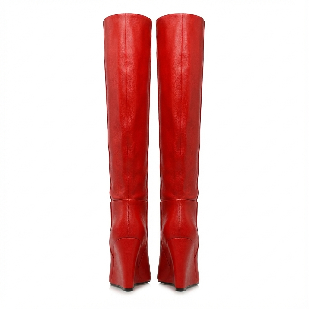 Botte haute rouge Simili Cuir Femme - Talon compensé