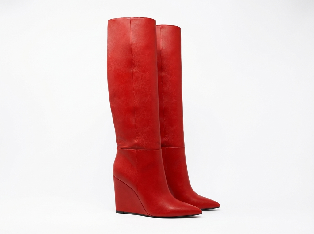 Botte haute rouge Simili Cuir Femme - Talon compensé