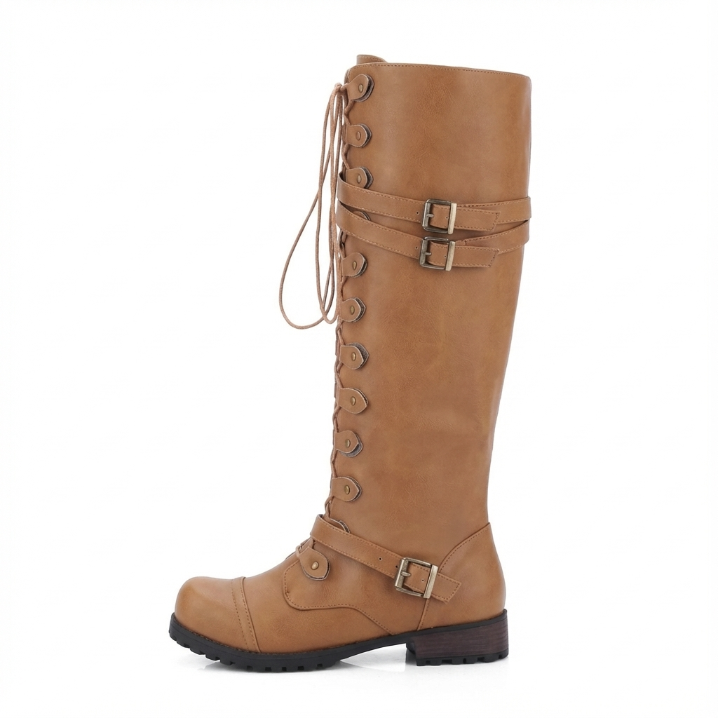 Botte haute camel Simili Cuir Femme - Lacets entrecroisés