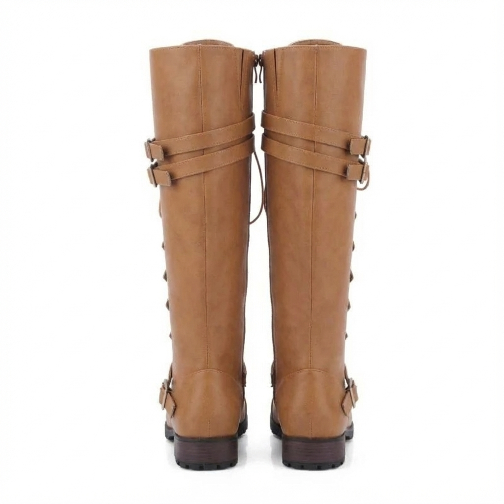 Botte haute camel Simili Cuir Femme - Lacets entrecroisés