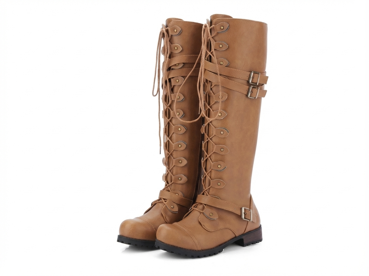 Botte haute camel Simili Cuir Femme - Lacets entrecroisés