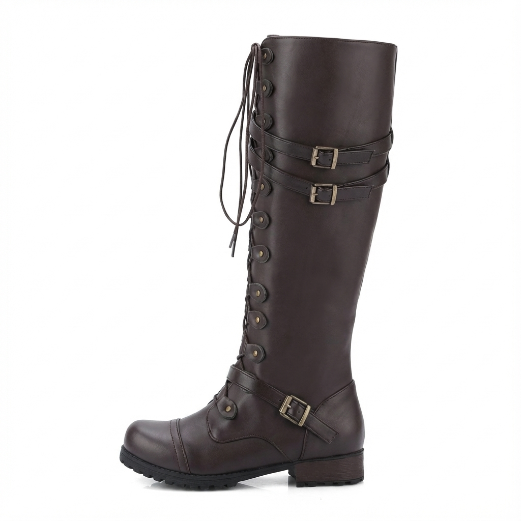 Botte haute marron foncé Synthétique Femme - Style militaire