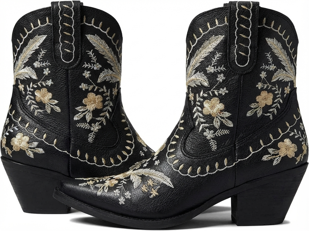 Santiag mi-haute noir Femme - Broderies florales dorées