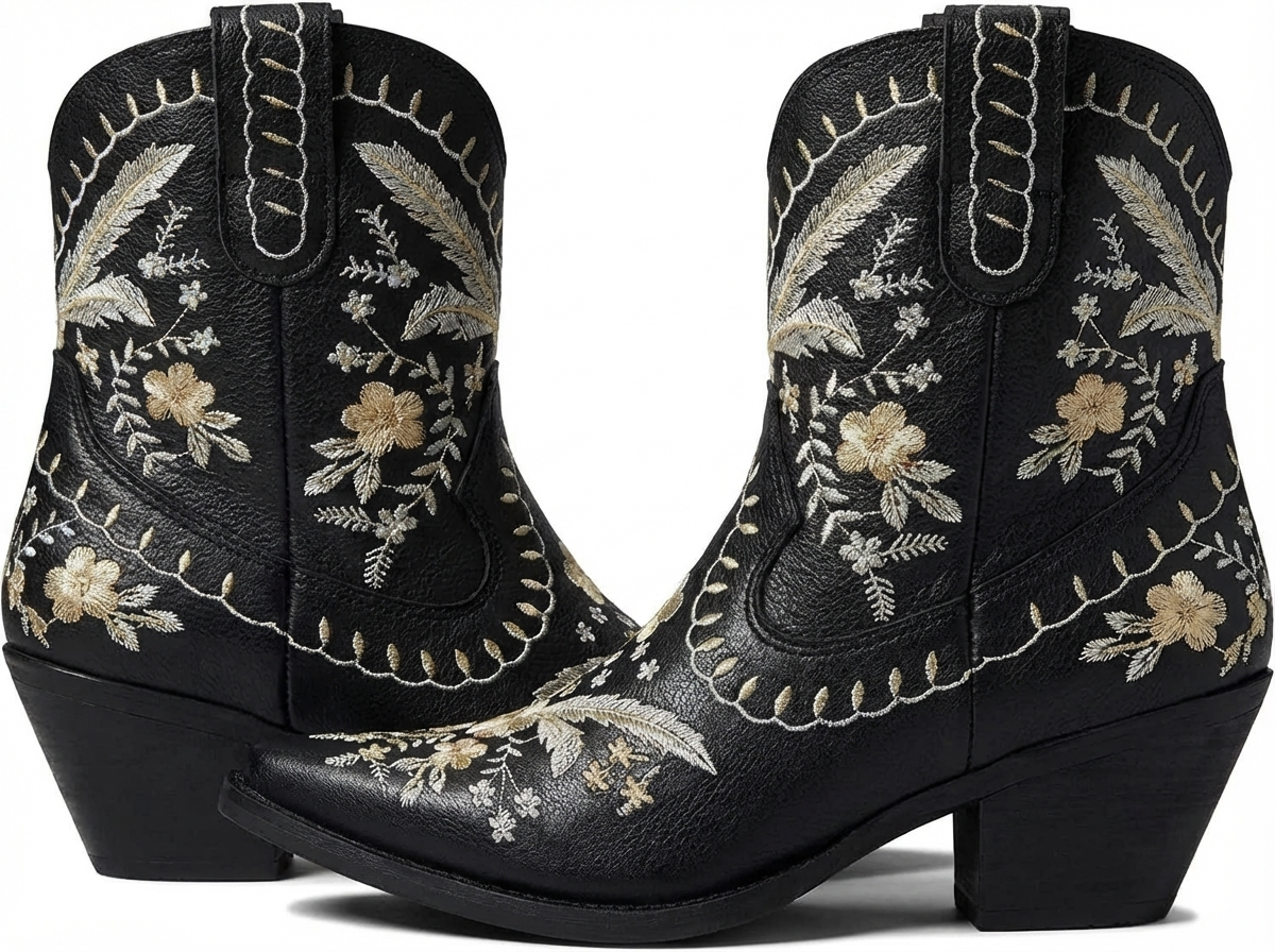 Santiag mi-haute noir Femme - Broderies florales dorées