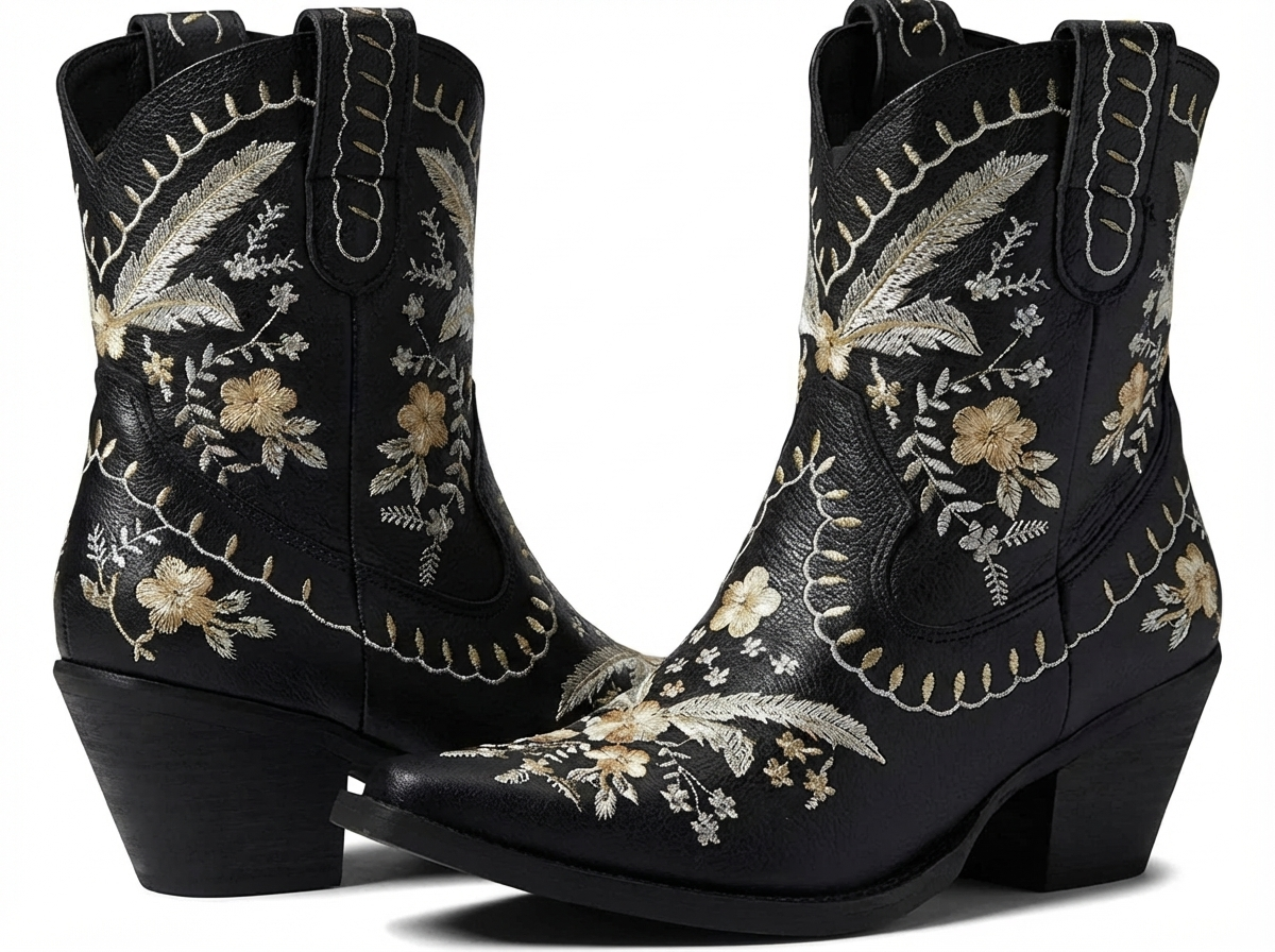 Santiag mi-haute noir Femme - Broderies florales dorées