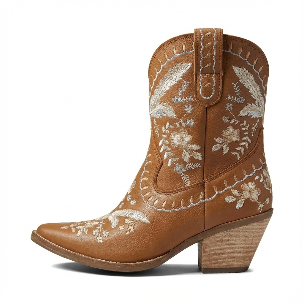 Santiag mi-haute camel Cuir Femme - Broderies florales, talon biseauté