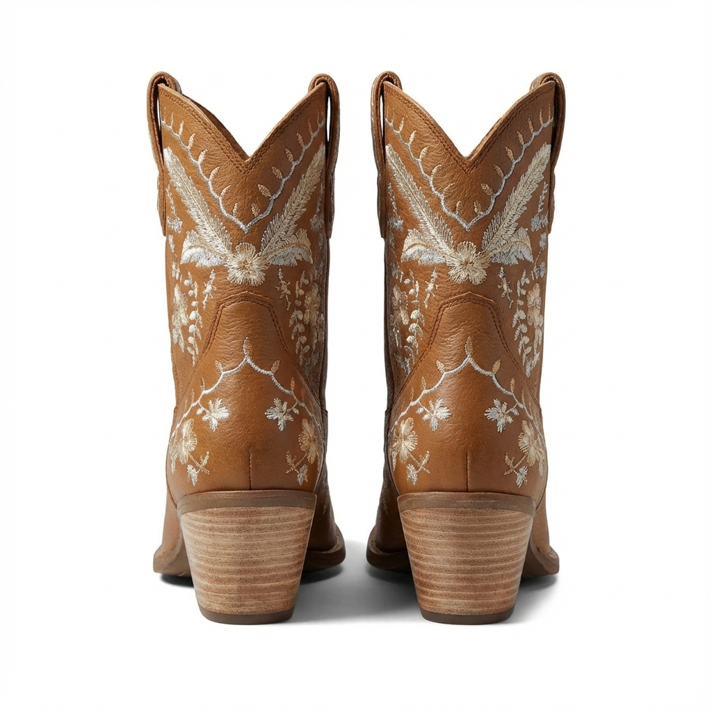Santiag mi-haute camel Cuir Femme - Broderies florales, talon biseauté