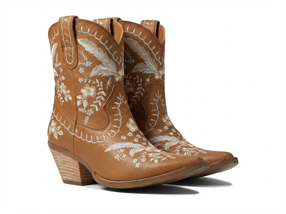 Santiag mi-haute camel Cuir Femme - Broderies florales, talon biseauté
