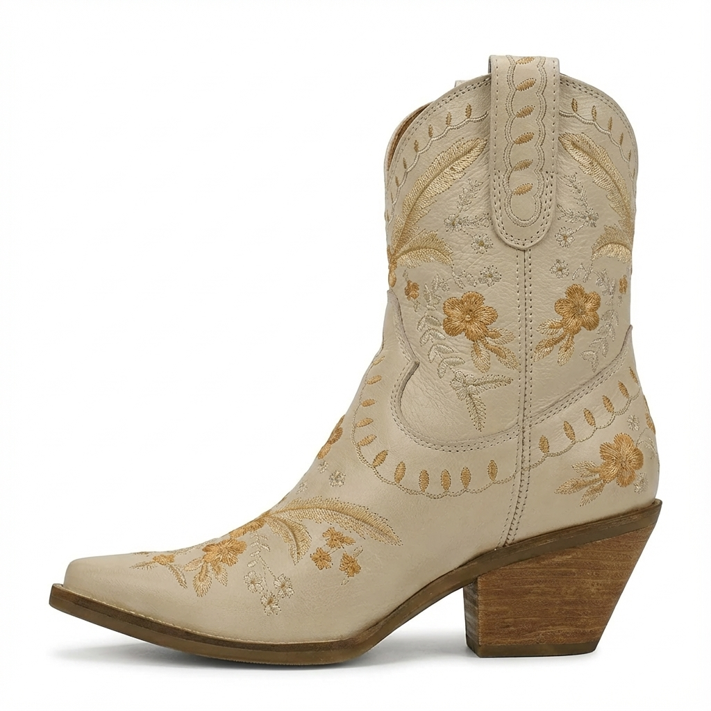 Santiag mi-haute beige Femme - Broderies florales