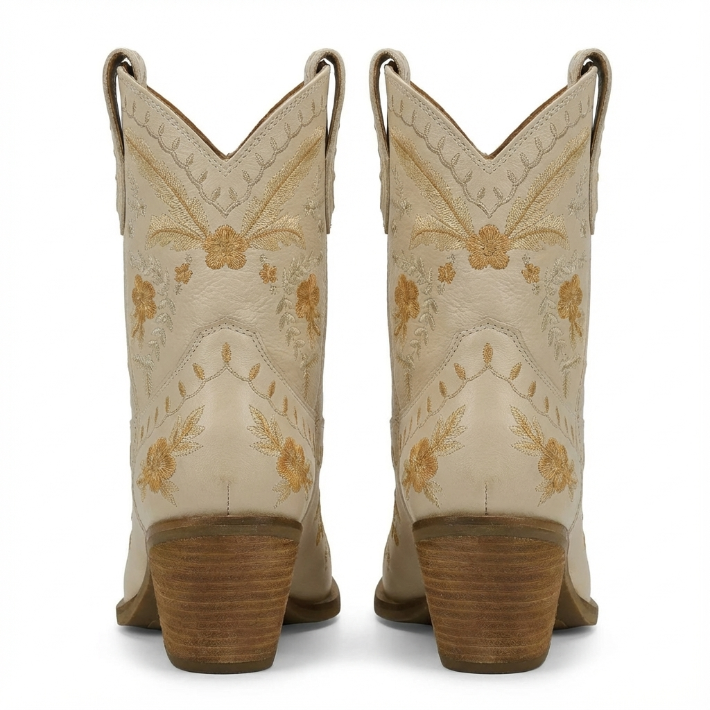 Santiag mi-haute beige Femme - Broderies florales