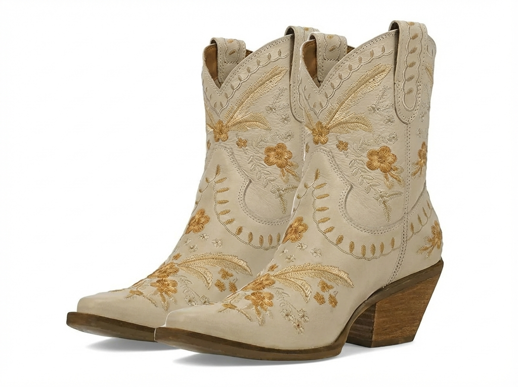 Santiag mi-haute beige Femme - Broderies florales