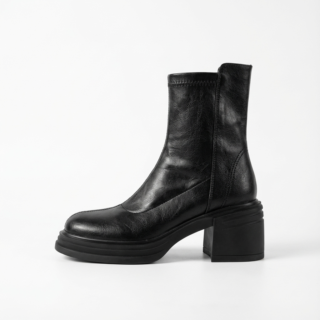 Bottine haute noir Simili Cuir Femme - Talon carré