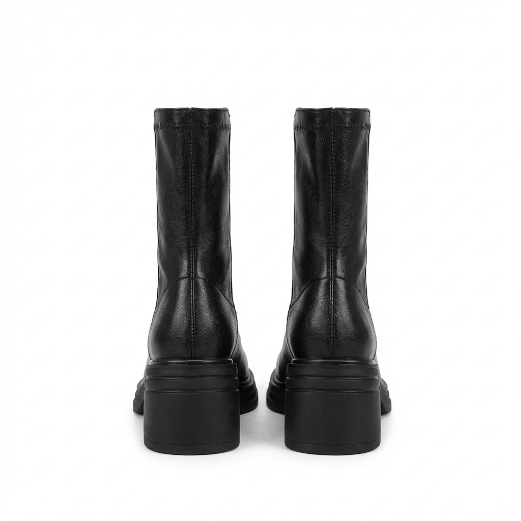 Bottine haute noir Simili Cuir Femme - Talon carré