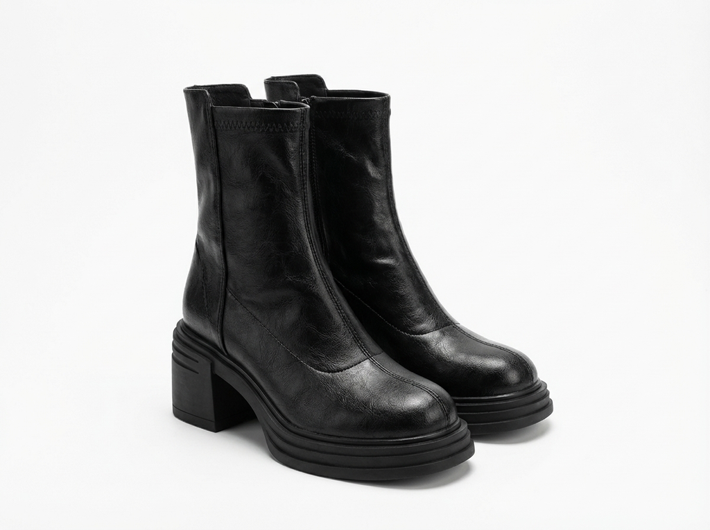 Bottine haute noir Simili Cuir Femme - Talon carré