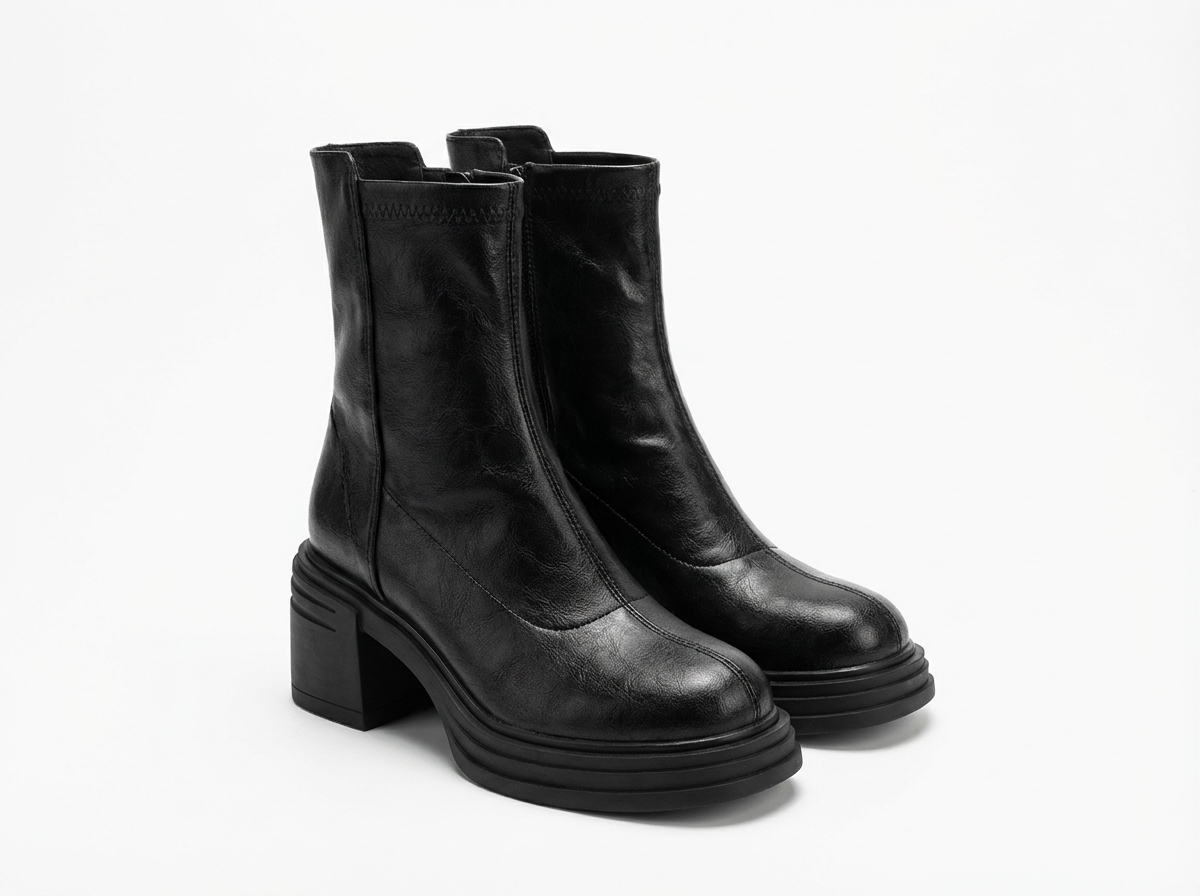 Bottine haute noir Simili Cuir Femme - Talon carré