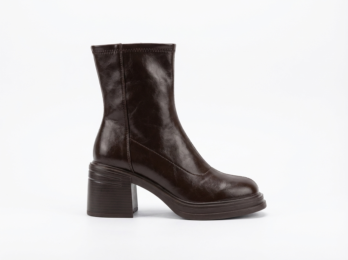 Bottine à talon marron foncé Synthétique Femme - Bout carré