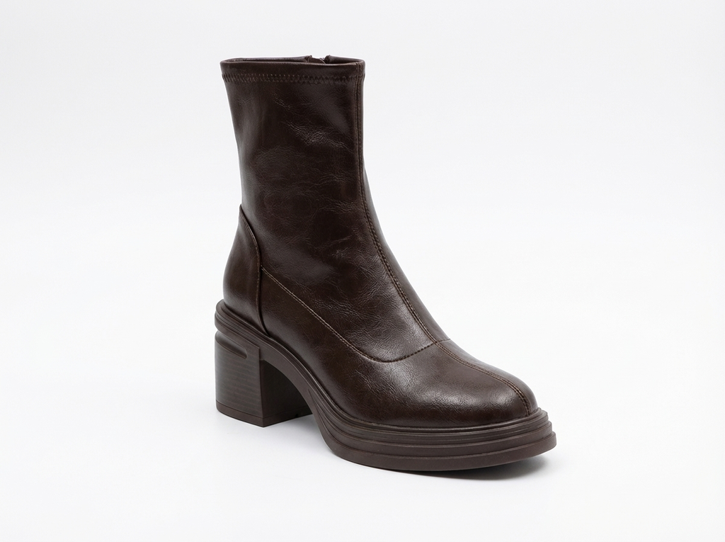 Bottine à talon marron foncé Synthétique Femme - Bout carré