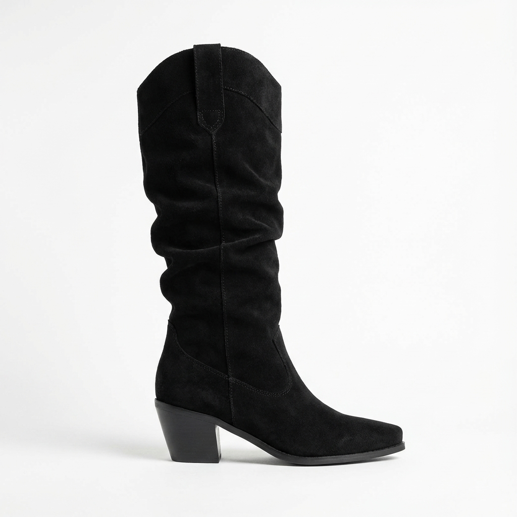 Santiag mi-haute noir Simili Cuir Femme - Tige plissée, sans ornement
