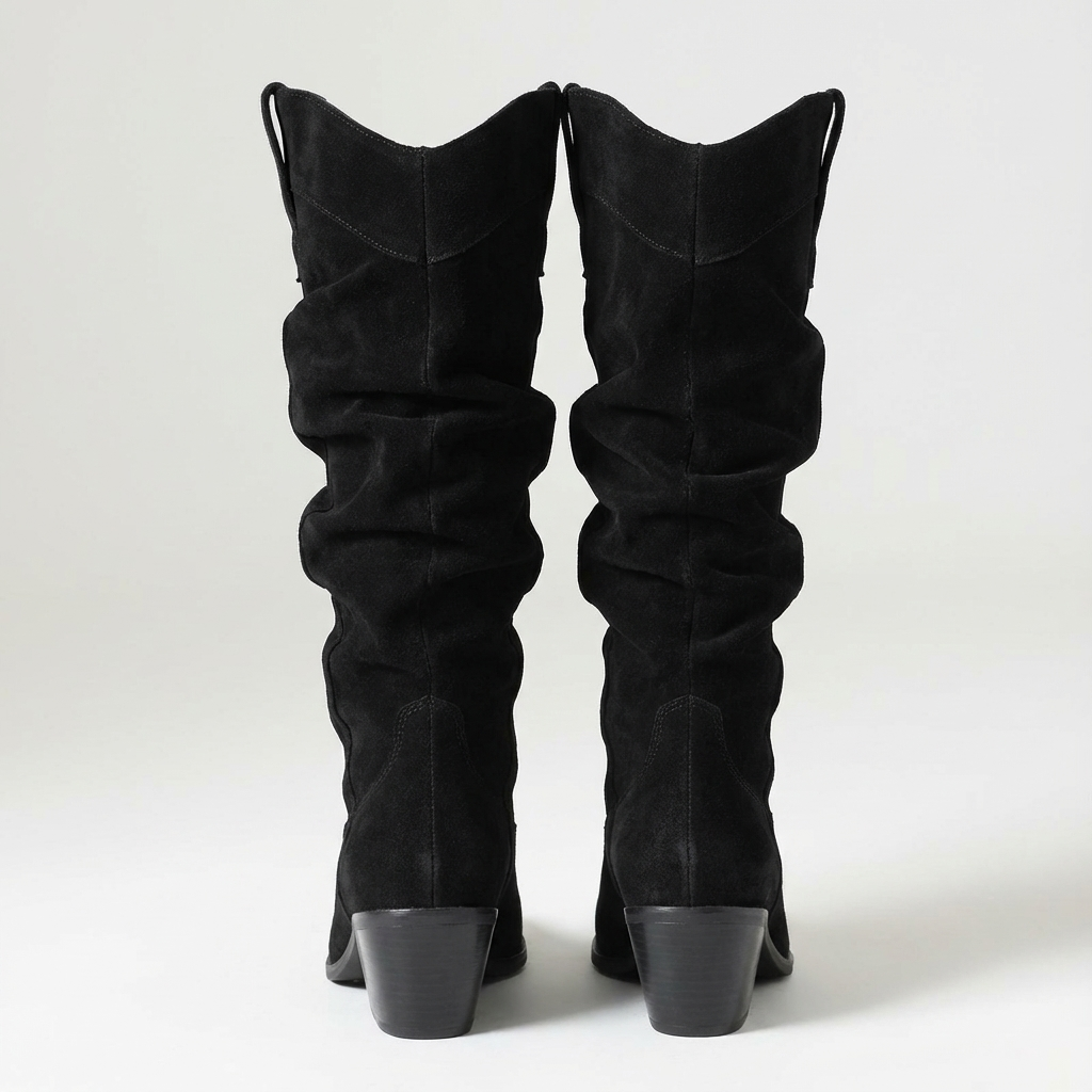 Santiag mi-haute noir Simili Cuir Femme - Tige plissée, sans ornement