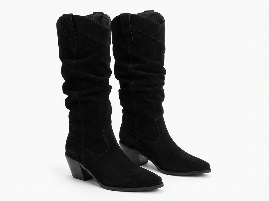 Santiag mi-haute noir Simili Cuir Femme - Tige plissée, sans ornement