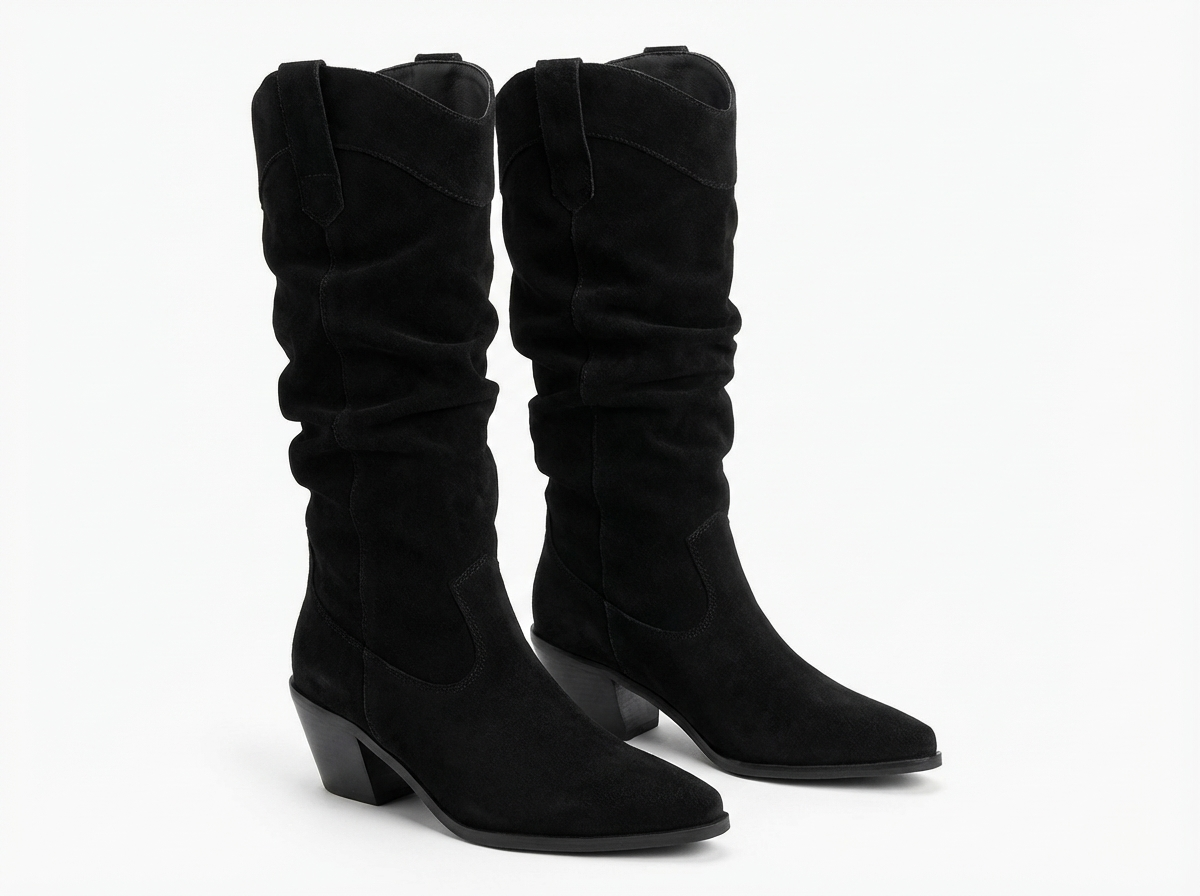 Santiag mi-haute noir Simili Cuir Femme - Tige plissée, sans ornement