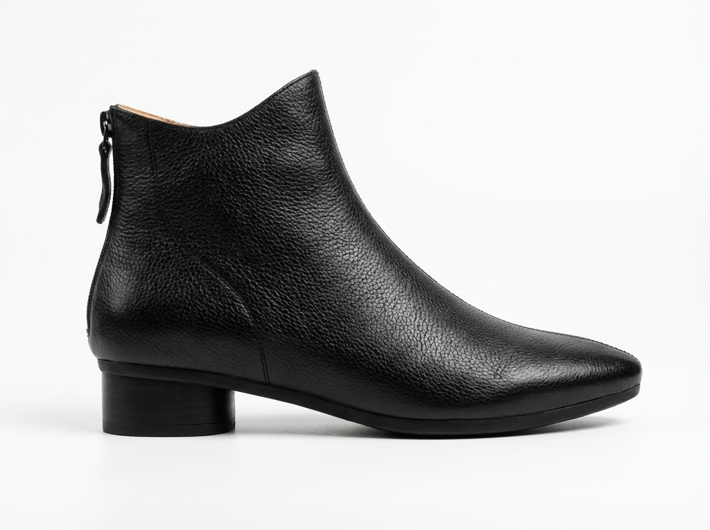Bottine plate noir Cuir Femme - Cuir grainé