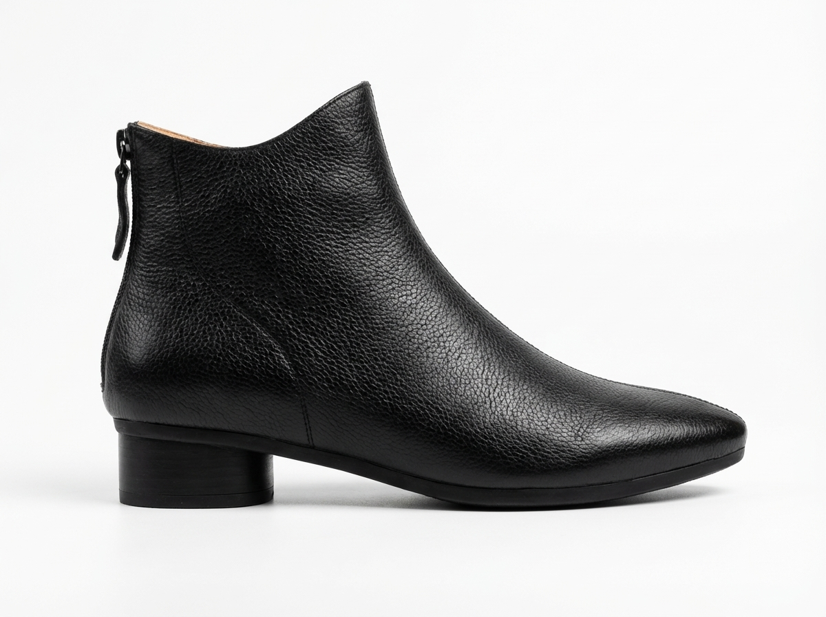 Bottine plate noir Cuir Femme - Cuir grainé