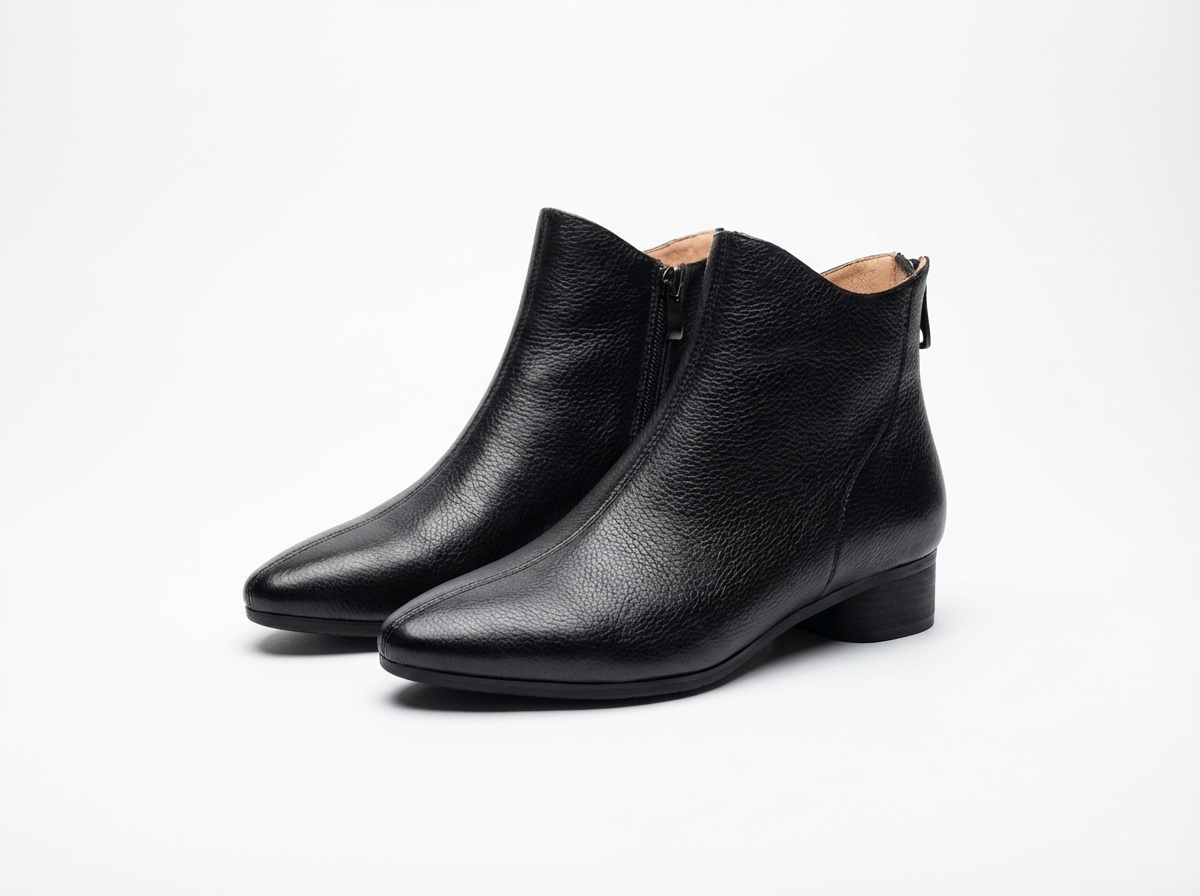 Bottine plate noir Cuir Femme - Cuir grainé